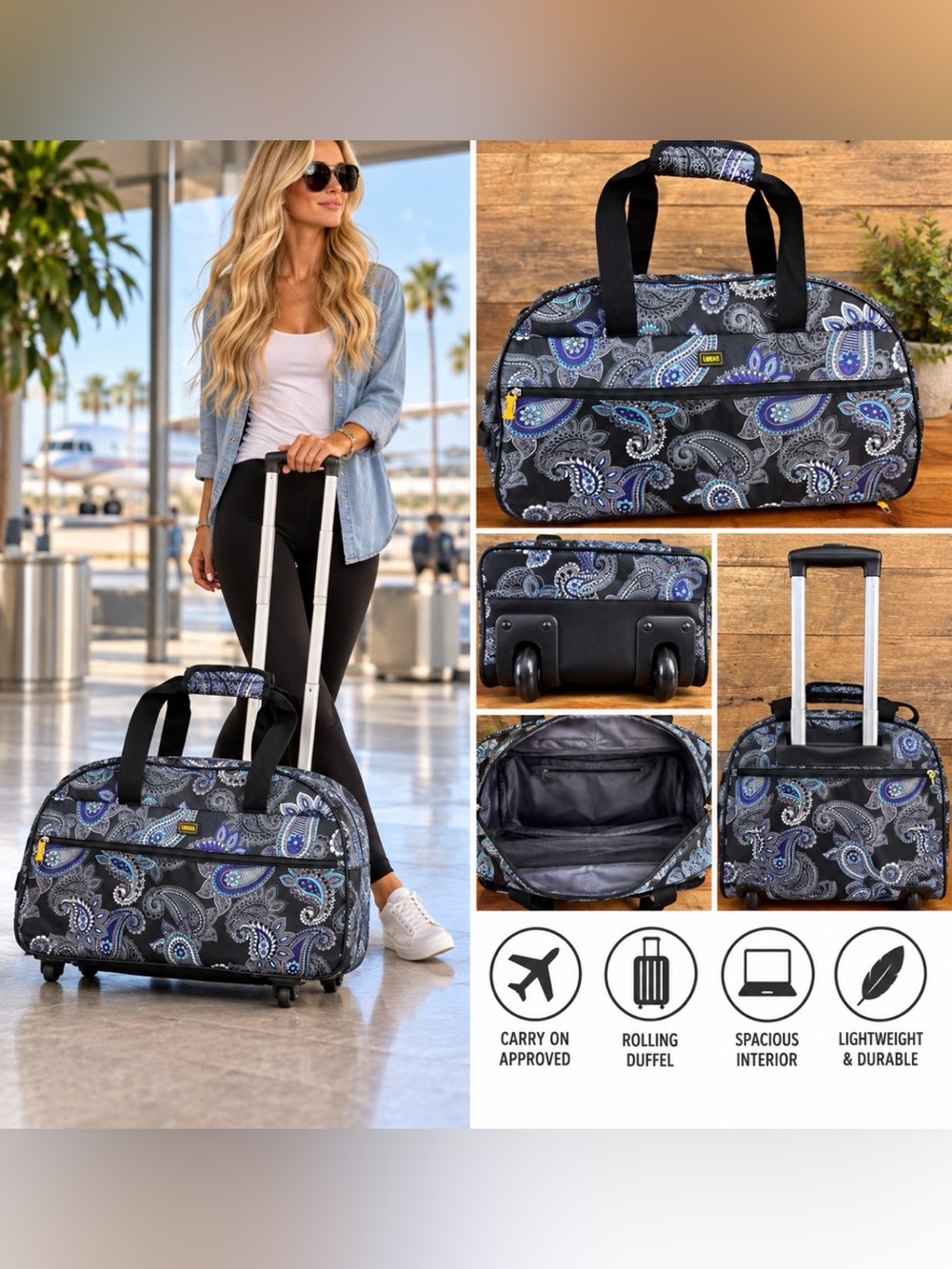Lucas Paisley Peacock Rolling Duffel Carry-On Travel Bag Black Blue Purple EUC
